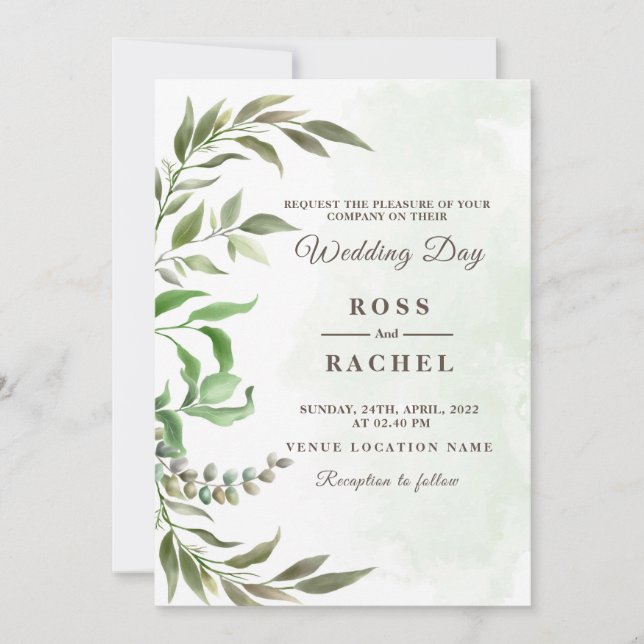 Convite Elegante Russo Eucalyptus Deixa Casamento Verde (Frente)