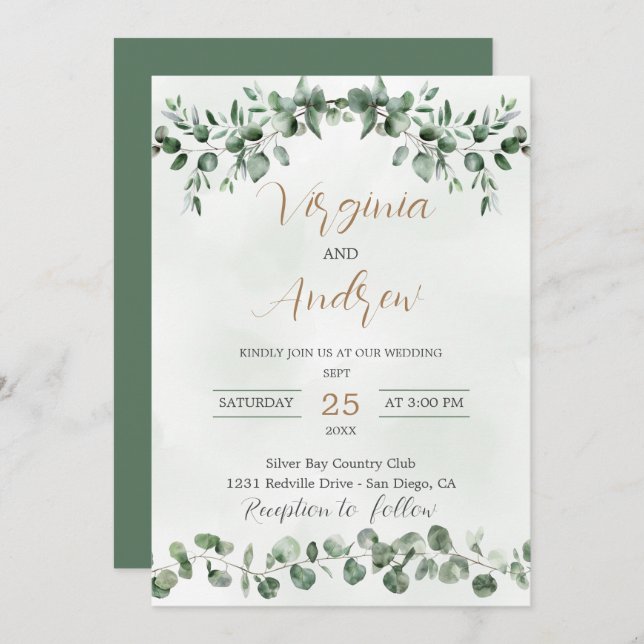 Convite Elegante Russo Eucalyptus Deixa Casamento Verde (Frente/Verso)