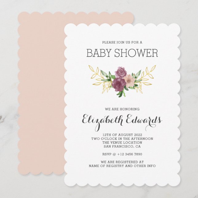 Convite Elegante Russo Flores Selvagens Chá de fraldas Aqu (Frente/Verso)