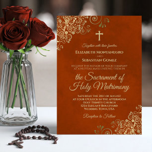Convite Elegante Rust Orange e Dourado Casamento Católico 