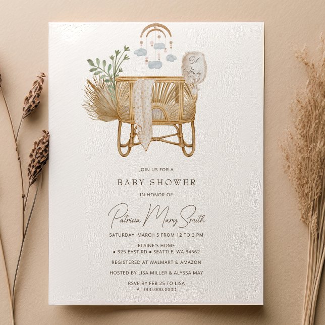 Convite Elegante Rustic Boho Baby Cot Chá de fraldas (Elegant Rustic Boho Baby Cot Baby Shower Invitation)