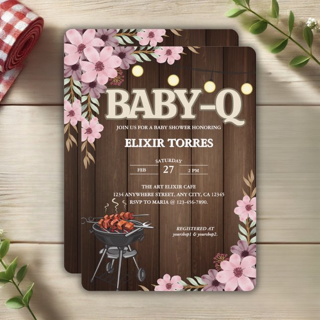 Convite Elegante Rustic Floral Baby-Q Grill Chá de fraldas (Criador carregado)