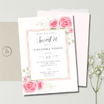 Convite Elegante Rustic Floral Frame Rosa Script Sweet 16<br><div class="desc">Eucalipto e mirtilos, desenhados à mão em lápis clássico de grafite e dispostos em ouro (digitalmente), juntamente com rosas de aquarela em tom doce de rosa, fazem um modelo de convite doce, moderno, sofisticado, elegante e rústico, doce 16, que também apresenta a caligrafia moderna do roteiro no título. Uma escolha...</div>