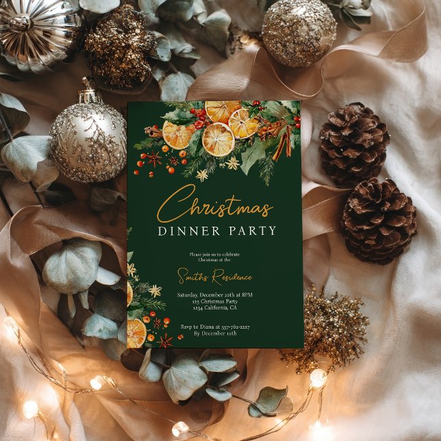 Convite Elegante Rustic Orange Pine Christmas Party Green (Elegant Rustic Orange Pine Christmas Party Green Invitation)