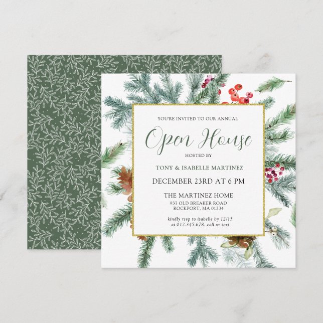 Convite Elegante Rustic Winter Botanic Open House (Frente/Verso)