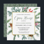 Convite Elegante Rustic Winter Botanic Open House<br><div class="desc">Este modelo de Y quadrado apresenta uma estrutura dourada decorada com galhos de pínus,  bagas vermelhas e cones de pínus. Muito espaço branco lhe dá um sentimento aberto e elegante.</div>