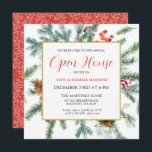 Convite Elegante Rustic Winter Botanic Open House<br><div class="desc">Este modelo de Y quadrado apresenta uma estrutura dourada decorada com galhos de pínus,  bagas vermelhas e cones de pínus. Muito espaço branco lhe dá um sentimento aberto e elegante.</div>