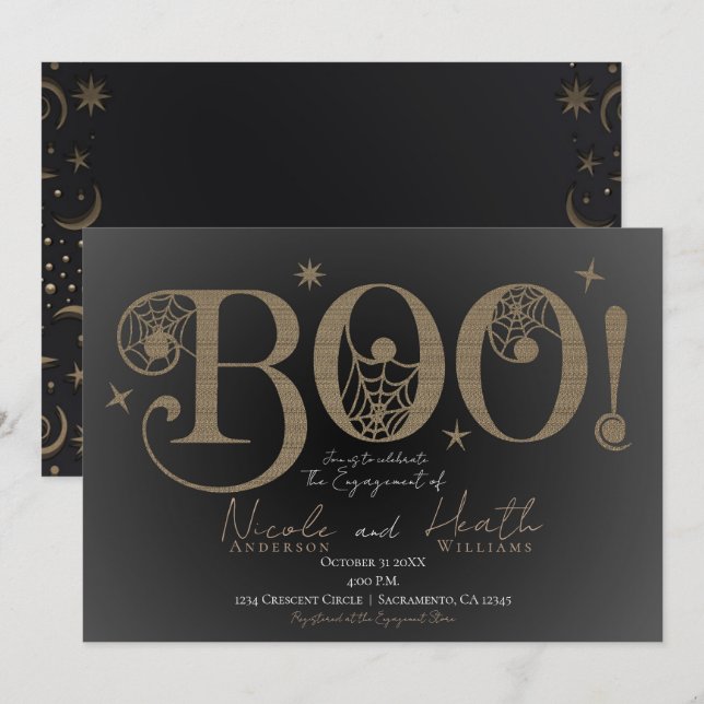 Convite Elegante Rústico BOO Mágico Compromisso de Hallowe (Frente/Verso)