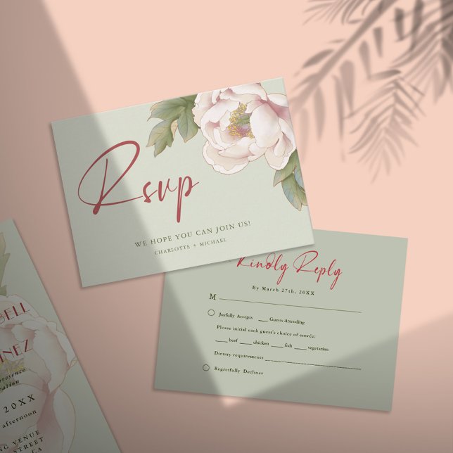 Convite Elegante Sage & Blush Peony Floral Weding RSVP (Criador carregado)