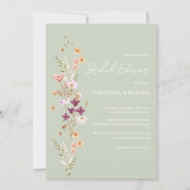 Convite Elegante Sage Boho Wildflower Chá de panela (Frente)