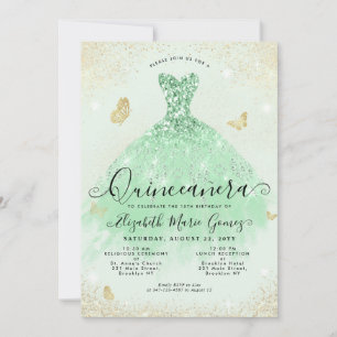 Convite Elegante Sage Glitter Dourado Verde Quinceanera