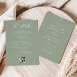 Convite Elegante Sage Green All In One QR Code Wedding<br><div class="desc">Elegante, convites de casamento tudo em um com seus nomes e informações da cerimônia de casamento na frente, em letras brancas, com um fundo verde sage. Um moderno roteiro de caligrafia completa o olhar desse convite de casamento verde de sábio. Personalize a parte traseira dos convites para casamento por caligrafia...</div>