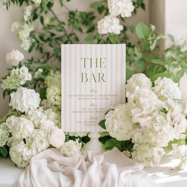 Convite Elegante Sage Green & Beige - Sinal de Bar de Casa (Elegant Sage Green & Blue Striped Wedding Bar)