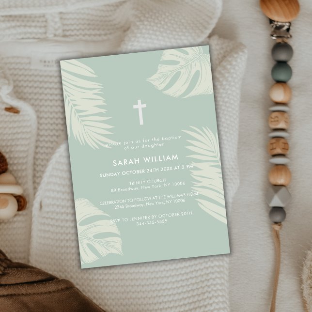 Convite Elegante Sage Green Boho deixa um batismo cruzado (Elegant Sage Green Boho Leave Gold Cross Baptism Invitation)