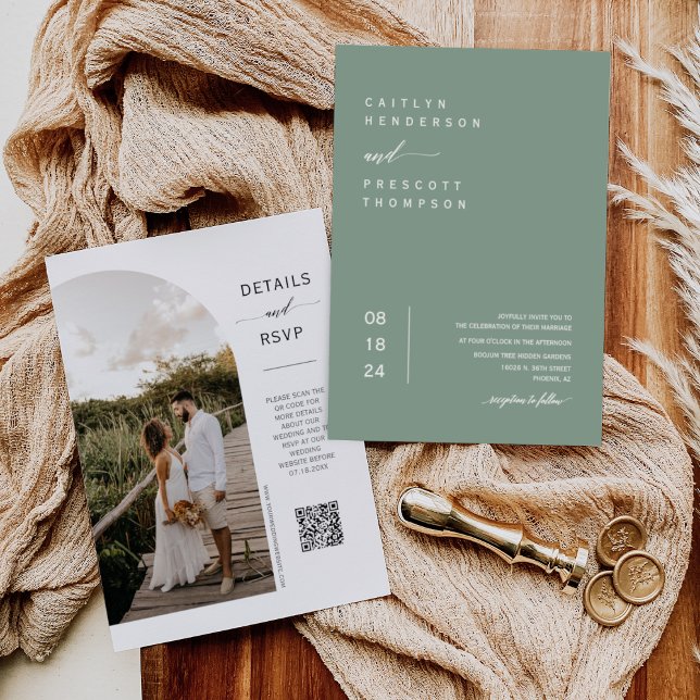 Convite Elegante Sage Green Boho Foto QR Code Wedding Inv (Criador carregado)