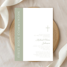 Convite Elegante Sage Green Cross First Santa Comunhão