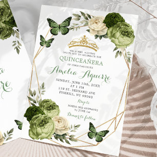 Convite Elegante Sage Green Floral Butterfly Quinceañera