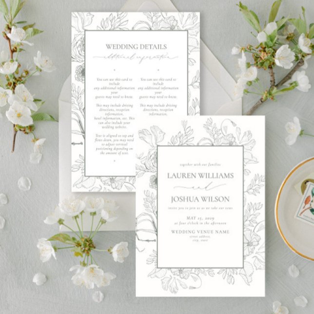 Convite Elegante Sage Green Floral Line Art Details Weddin (Criador carregado)