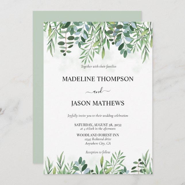 Convite Elegante Sage Green Greenery Eucalyptus Wedding (Frente/Verso)
