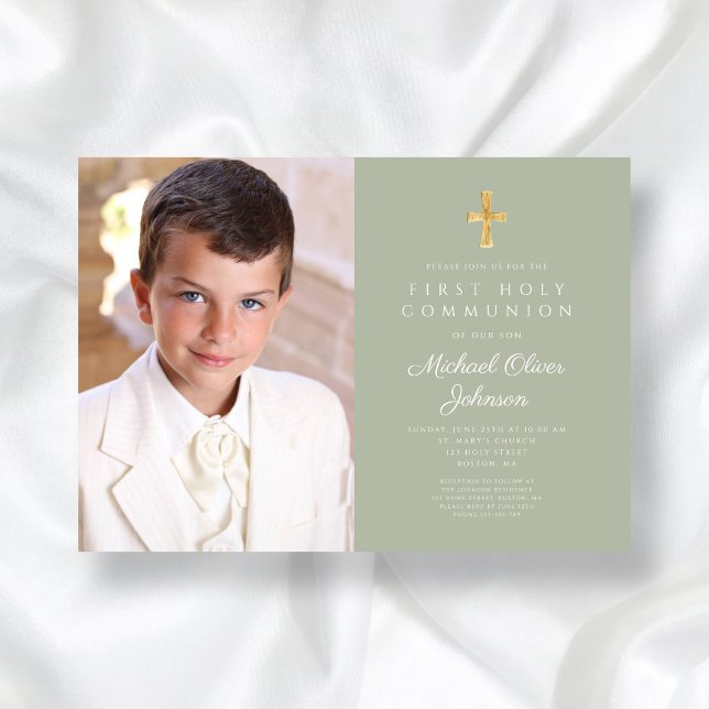 Convite Elegante Sage Green Photo Boy First Communing (Elegant Sage Green Photo Boy First Communion Invitation)