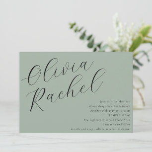 Convite Elegante Sage Green Script Calliografia Bat Mitzva