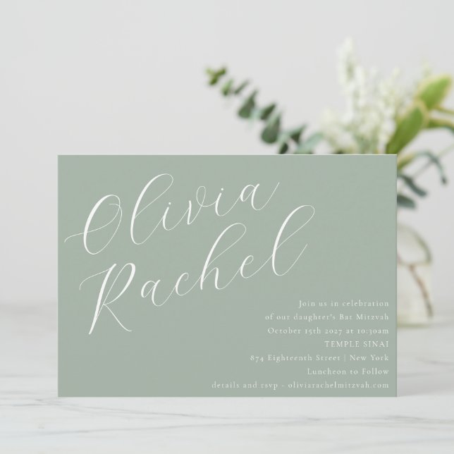Convite Elegante Sage Green Script Name Minimal Bat Mitzva (Em pé/Frente)