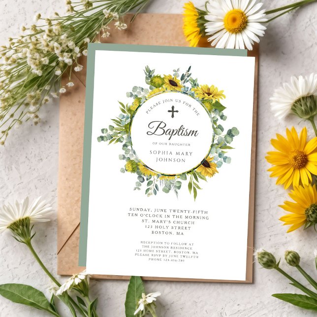 Convite Elegante Sage Green Sunflower Wreath (Elegant Sage Green Sunflower Wreath Invitation)