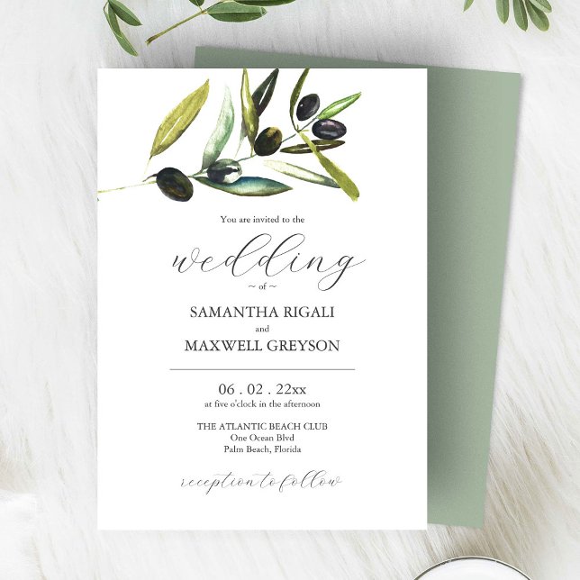 Convite Elegante Sage Green Watercolor Casamento Verde (watercolor wedding invitations hand painted olive branch art by Victoria Grigaliunas Do Tell A Belle)