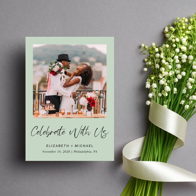 Convite Elegante Sage para Recepção de Casamento c (Celebrate your love story with a reception invitation showcasing your favorite wedding photo)