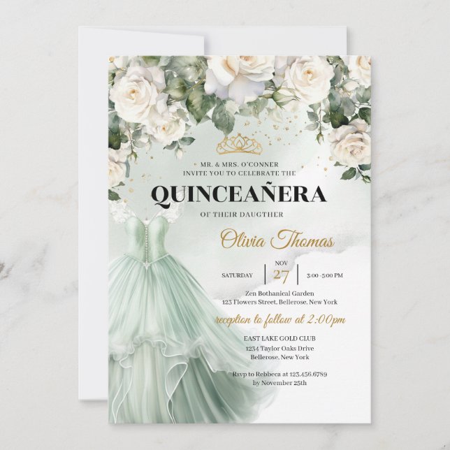 Convite Elegante Sage Rosas Brancas de Vestido Formal (Frente)