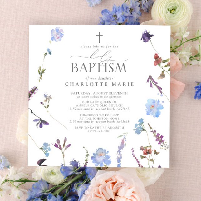 Convite Elegante Sagrado Batismo Script Dusty Blue Wildflo (Holy Baptism Invitation)