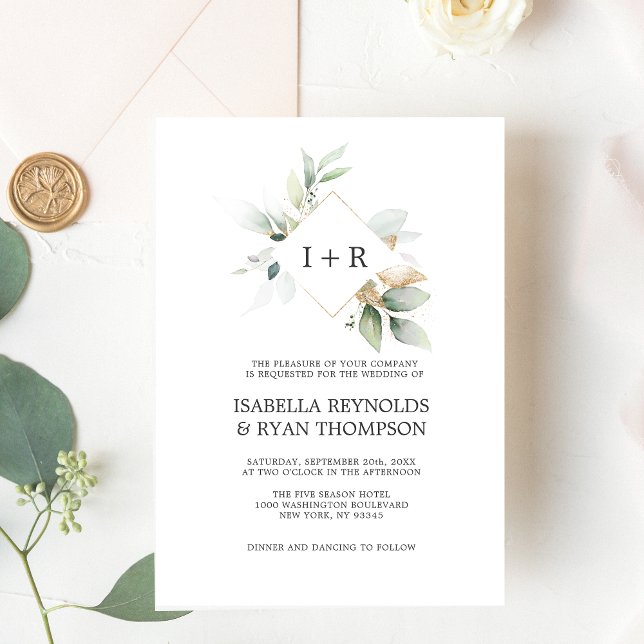 Convite ELEGANTE Sai Foliage Dourada WEDDING (ELEGANT Leaves Foliage Gold Watercolor WEDDING Invitation
)