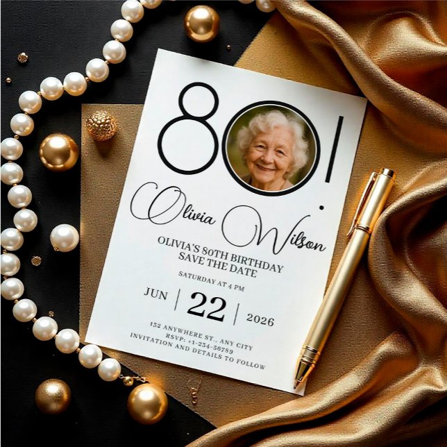Convite Elegante Salve a data com o aniversário do 80 de f (Elegant Save The Date with Photo 80th Birthday Invitation )