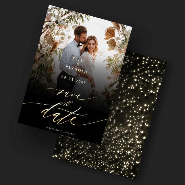 Convite Elegante Salve A Data Dourada Casamento Fotográfic (Elegant Save The Date Gold Photo Wedding Invitation
)