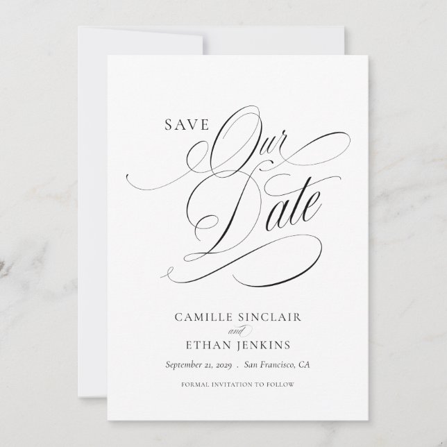 Convite Elegante Salve a Data Preto e Branco Script (Frente)