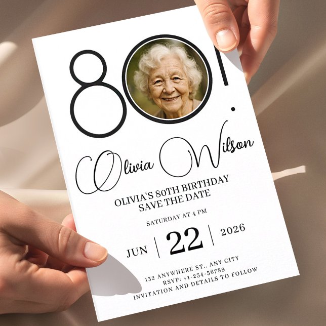 Convite Elegante Salve o Dia com Foto de Aniversário de 80 (80th Birthday Invitation, Photo Birthday Invite, Editable Save the Date, Minimal Black and White Inv)