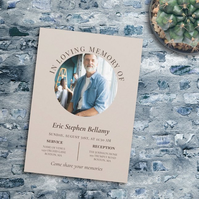 Convite Elegante Sand & Brown Round Foto do Funeral (Criador carregado)