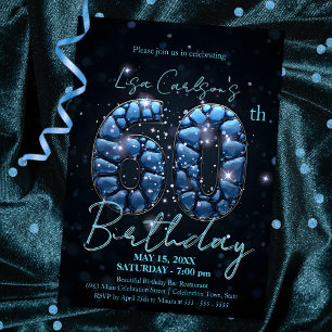 Convite Elegante Sapphire Blue e Black 60th Birthday