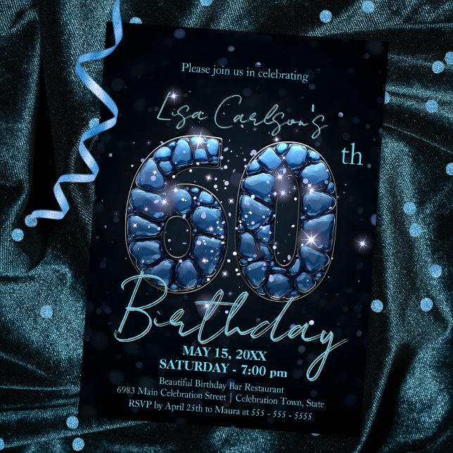Convite Elegante Sapphire Blue e Black 60th Birthday (Criador carregado)