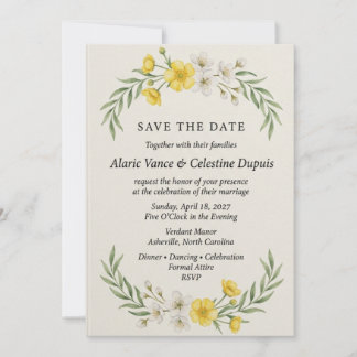 Convite Elegante Save the Date de Botão de Ouro Amarelo &