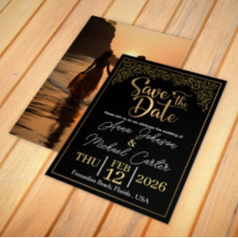 Convite Elegante Save the Date de Casamento de Praia Preto
