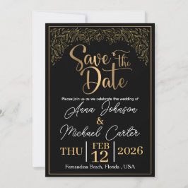 Convite Elegante Save the Date de Casamento na Praia Preto