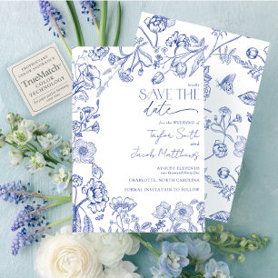 Convite Elegante Save the Date em Azul e Branco com Chinoi