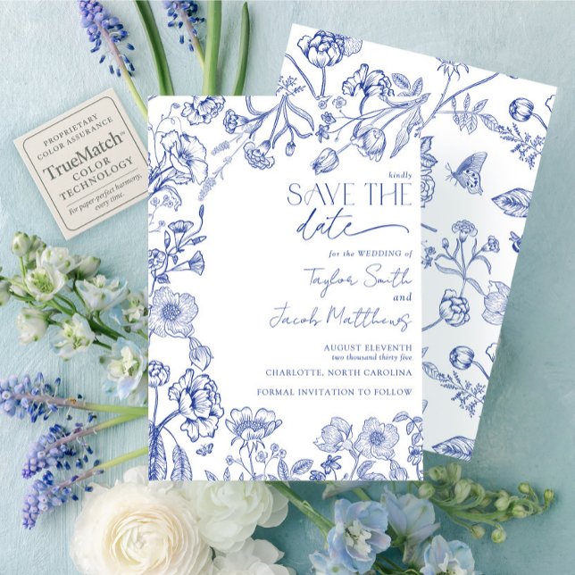 Convite Elegante Save the Date em Azul e Branco com Chinoi (Criador carregado)