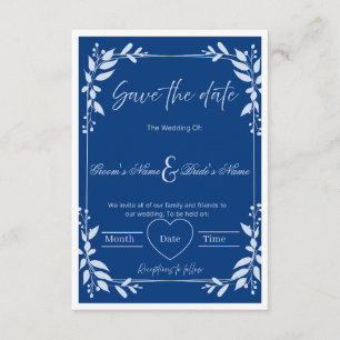 Convite Elegante "Save the Date" Floral Azul e Branco