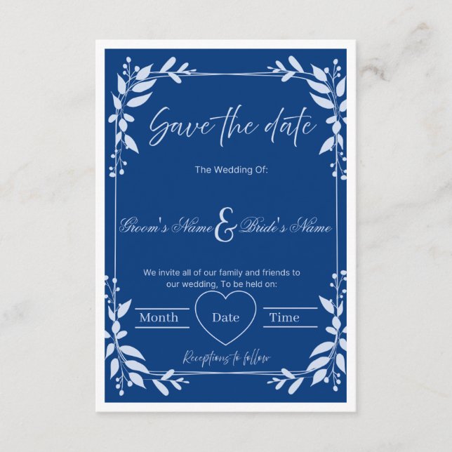 Convite Elegante "Save the Date" Floral Azul e Branco (Frente)