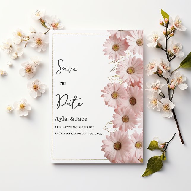 Convite Elegante Save the Date floral de margarida rosa do (Elegant blush pink gold daisy floral Save the Date)