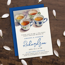 Convite Elegante Script Azul Chá Festa Reunião Aquarela