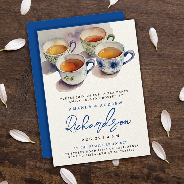 Convite Elegante Script Azul Chá Festa Reunião Aquarela (Criador carregado)