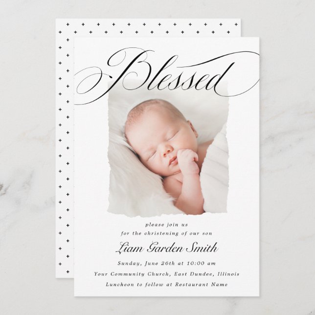 Convite Elegante Script Bendito Christening Baptism Foto I (Frente/Verso)
